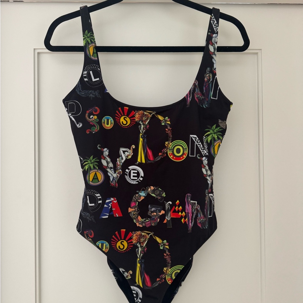 Versace Black One-Piece Swimsuit with Multicolor Logo Print